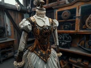 Intricate Steampunk Porcelain Doll with Ornate Clockwork Mechanisms in a Dimly Lit Vintage Workshop