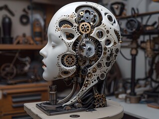 Obraz premium Avant Garde Augmented Reality Design Intricate Machinery and Porcelain Doll in Steampunk Inspired Victoriana Workshop