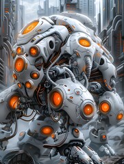 Fototapeta premium Fearsome Cybernetic Mecha Drones Dominating Apocalyptic Urban Landscape in Gritty Photorealism