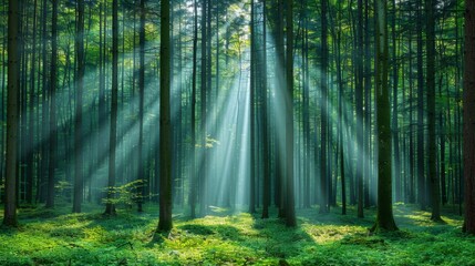 Fototapeta premium A serene forest scene illuminated by sunlight, showcasing tall trees and vibrant greenery, perfect for nature lovers.