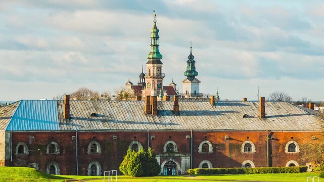 ZAMOSC, POLAND - OCTOBER 30 2017: Town Hall in Zamosc - mannerist-baroque, main building in Zamosc. It is located in northern frontage of Great Market Square. It has clock tower and fan-shaped stairs.