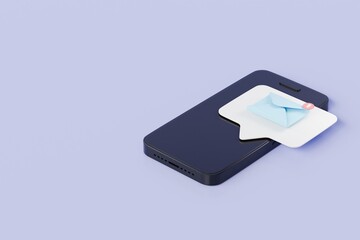 3d Smartphone or mobile phone with email unread notification. New message on the smartphone screen icon isolated on purple background. Mail service, Online email newsletter concept. 3d render.