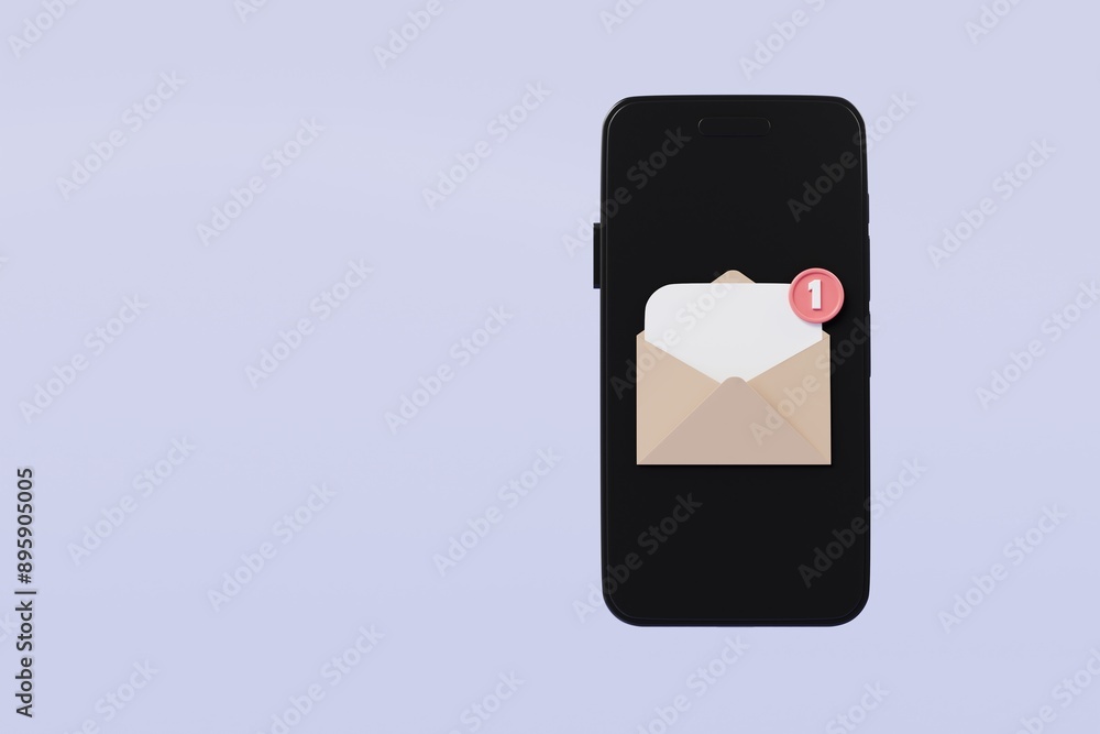 Poster 3d smartphone or mobile phone with email unread notification. new message on the smartphone screen i