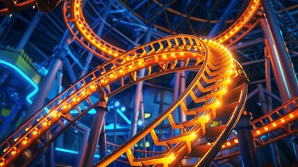 A roller coaster with glowing tracks, winding through the night circus with screams of excitement