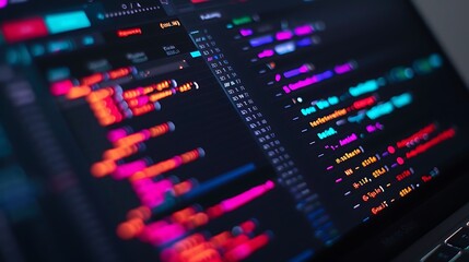 A close up view of a laptop screen displaying a vibrant, colorful code editor with a dark theme and highlighted syntax, perfect for tech enthusiasts and developers
