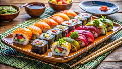 Fototapeta premium Sushi. Rolls on a wooden tray, colorful image of table setting, plate, dish decoration, product advertising, beautiful design. High image quality