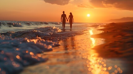 Silhouetted Couple Enjoys Romantic Sunset Stroll on Tranquil Beach