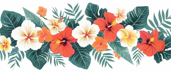 Fototapeta premium Summer flowers, hibiscus and plumeria motifs, flat design illustration