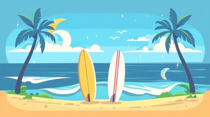 Surfboards and waves, beach adventure theme, flat design illustration