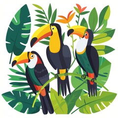 Fototapeta premium Tropical birds, toucans and parrots, flat design illustration