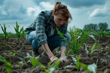 Woman planting young seedlings in a field, symbolizing sustainable farming practices and care for the environment.
