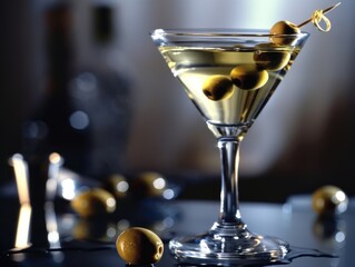 Martini with olives as garnish, served in a glass on a table at a bar. Sophisticated and elegant cocktail for evenings or fine dining experiences.