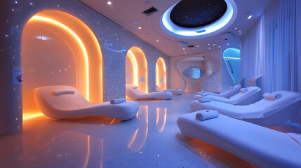 Cosmic ray spa treatment, futuristic wellness center, 