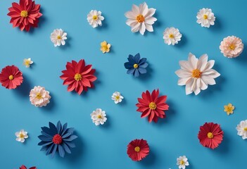Obraz premium Blue Background with Handmade Paper Flowers: Floral Design