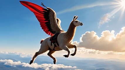 Super Llama wearing red cape flying in the sky, blue skies, sun, landscape,