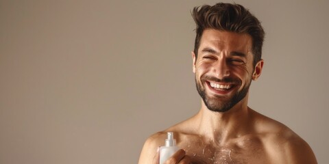 Fototapeta premium A young man smiling after shaving, showcasing his clean-shaven look with pride and satisfaction. This image captures a moment of accomplishment in personal grooming.
