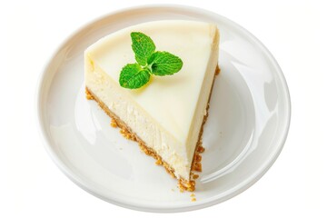 This is a slice of creamy cheesecake with a touch of lemon and mint, served on a white plate. The garnish adds a refreshing flavor and visual appeal to the dessert.