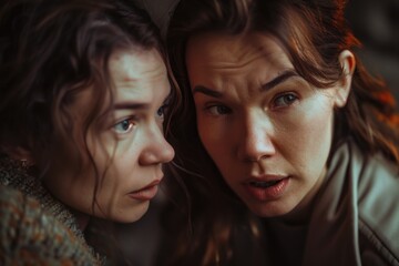 Two women in an emotional exchange, gazing deeply into each other's eyes with intense expressions, set against a blurred backdrop that adds a sense of depth and intimacy to the scene.