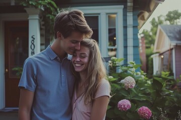 Fototapeta premium A young couple sharing a tender embrace and smiling, set in an idyllic suburban setting with a garden backdrop.