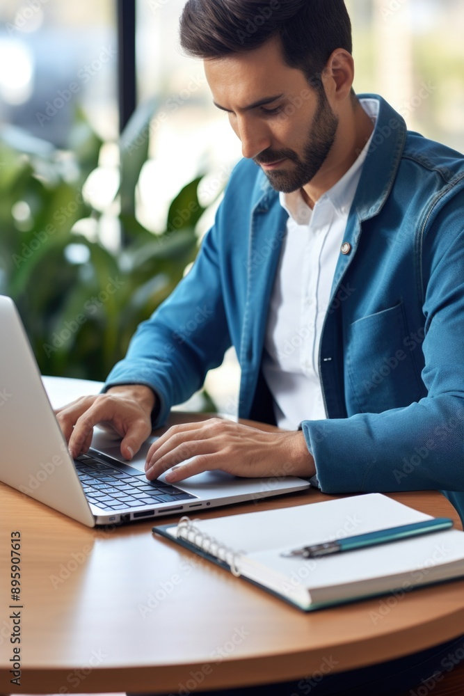 Poster man wearing suit using computer in office environment.