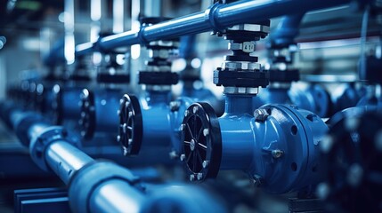 Fototapeta premium This image shows the manufacturing of industrial piping systems with blue color. The valves are being fitted onto the pipes, indicating a precise assembly process.