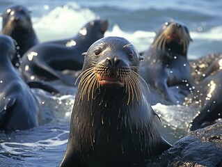 A group of seals enjoying the ocean. Some are swimming while others seem to be resting.