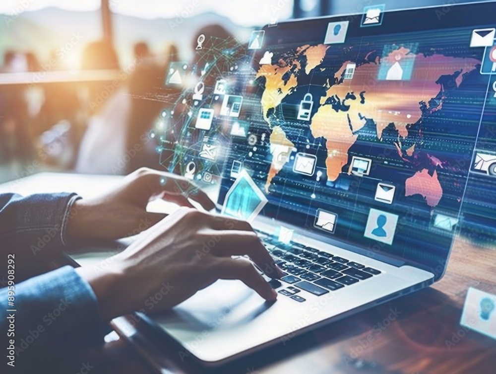 Poster businessman working with laptop and hologram screen showing global network and data exchange