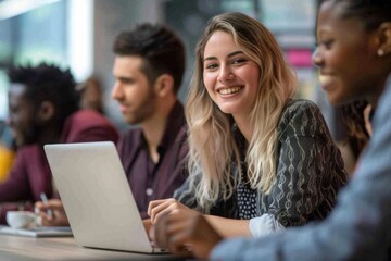 A diverse group of individuals working together in a modern office environment, sharing ideas and solving problems with technology.