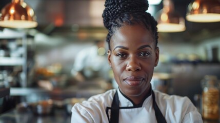 Female chef standing ready for service in commercial kitchen