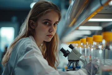 Female scientist peering through a microscope in a lab, illustrating scientific research and precision.