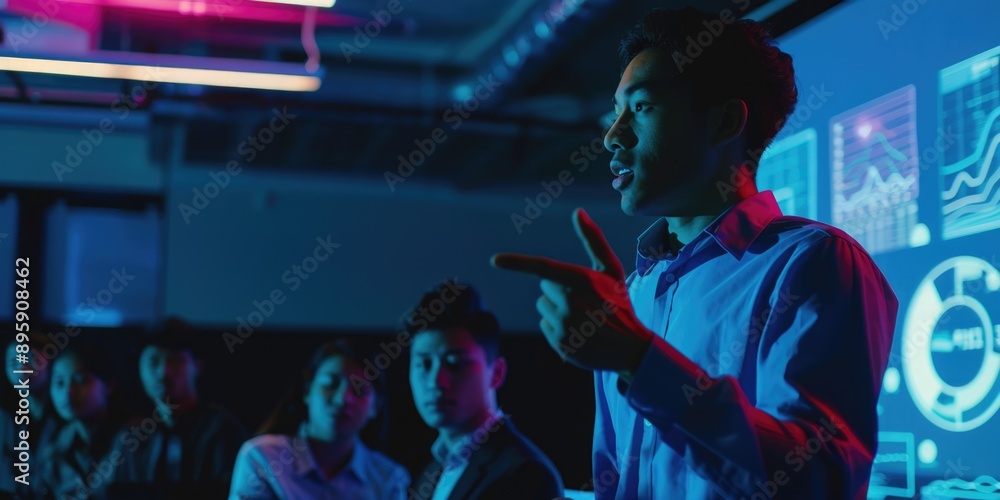 Poster man in suit giving business presentation to group of people, digital interface with data analytics i