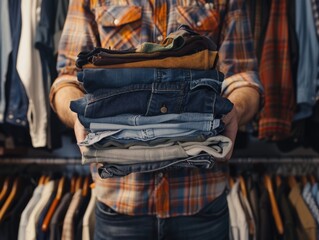 Man selecting clothes from rack, casual fashion style, colorful plaid shirt with jeans and t-shirts piled in hand