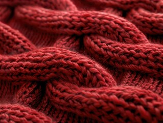 Red yarn knit into a garment. Wool texture close up.