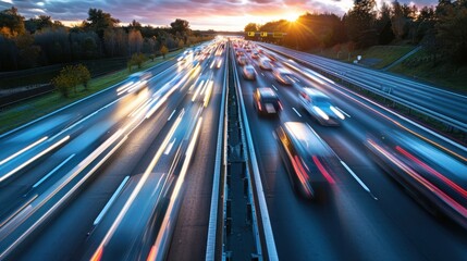 Obraz premium Busy Highway at Sunset with Light Trails from Fast-Moving Vehicles and Vibrant Sky