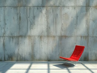 A vibrant red modern chair against a concrete wall, illuminated by natural sunlight. The simplicity of the setting emphasizes the chair's design and color.