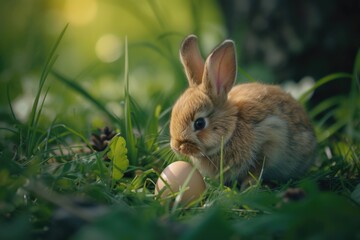 Fototapeta premium Cute young rabbit with ears alert and looking to the left. Eating a small carrot from the grass.
