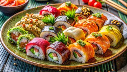 Sushi. Rolls on a beautiful tray, colorful image of table setting, plate, food decoration, food advertisement, beautiful design. High quality image	