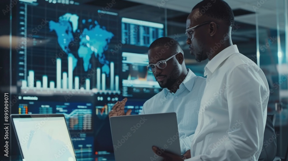 Poster two businessmen discussing data on a digital display in an office environment.
