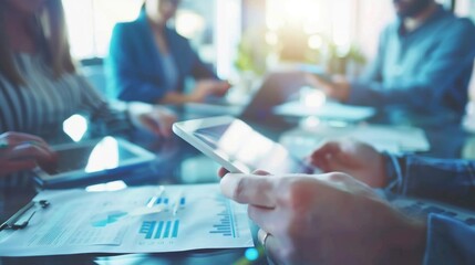 A diverse group of professionals working together in an office setting.