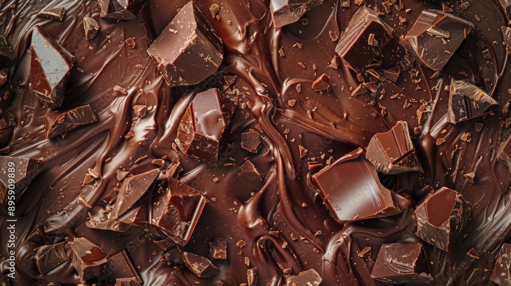 Poster close-up of milk chocolate chunks forming a rich and textured background. ideal for dessert and conf