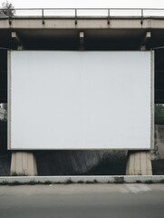 Fototapeta premium Empty billboard structure under highway overpass, waiting for advertisement. Concrete and metal frame, urban roadside setting.