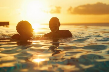 Couple of friends or a couple enjoying swimming conversation at sunset with warm water and clear sky.