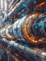 Detailed view of a futuristic complex technological infrastructure system designed for space and the production of new advanced energy sources  The image showcases an intricate network of pipes tubes 