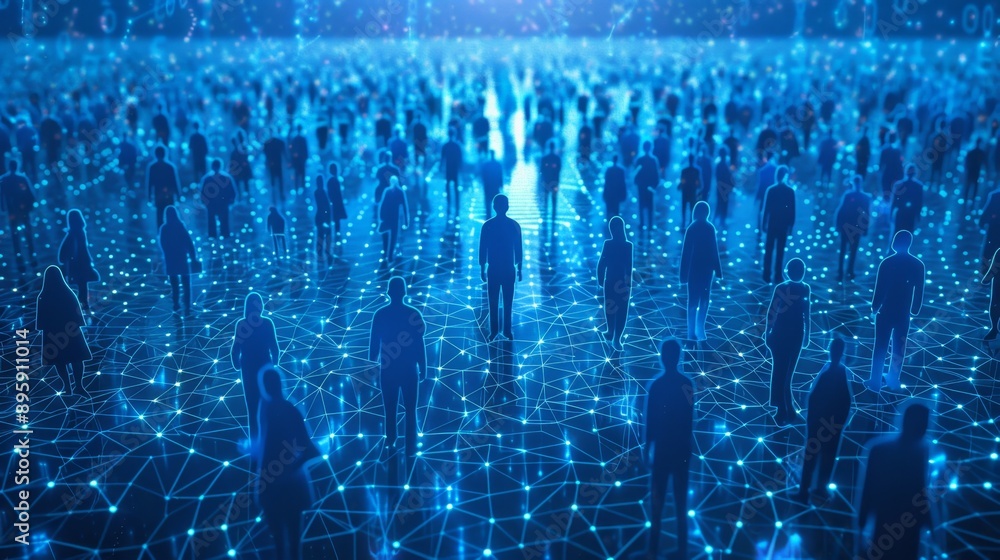 Wall mural crowd of people standing on network grid with data flowing around them