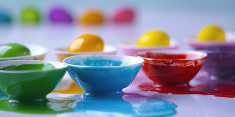 Colorful eggs in bowls on a surface, creating an artistic and vibrant decoration. Homemade crafts with an eco-friendly touch.