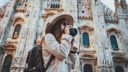 Candid at a Tourist Attraction: A woman taking photos at a famous tourist attraction, capturing...