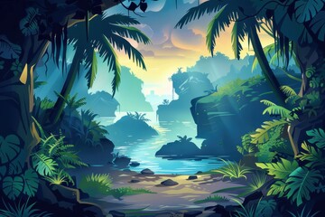 Lush tropical island paradise with vibrant plants and a tranquil blue lagoon.