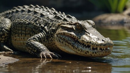 Obraz premium Close-up on a Young Fish-eating crocodile, showing is tooth.