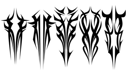 set of tribal  sword shapes with a stiff touch. Set of Symmetrical Tribal Pattern Cyber ​​Gothic Elements in Abstract White black Print for tattoo, t-shirt, hoodie and sweatshirt or card
