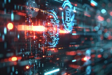 Obraz premium A futuristic digital world revolving around cryptocurrency, blockchain technology and data analytics. Concept of virtual economy and trading in the cybernetic age.